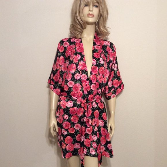Floral Pink & Red Kimono robe with tie Satiny Short 35" length NWOT OS - Picture 4 of 7